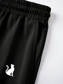 Manfinity Joysei 男士休闲百搭猫咪剪影图案圆领短袖T恤和短裤套装 - 黑色 - 查看 4