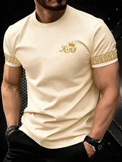 Manfinity Homme 经典百搭白色男士短袖T恤，金色“国王”图标袖口花卉设计，成熟酷炫街头风
