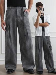 HUEFORM 男士休闲灰色条纹系带裤，独特腰带设计，春夏款 - 深灰色 - 查看 7