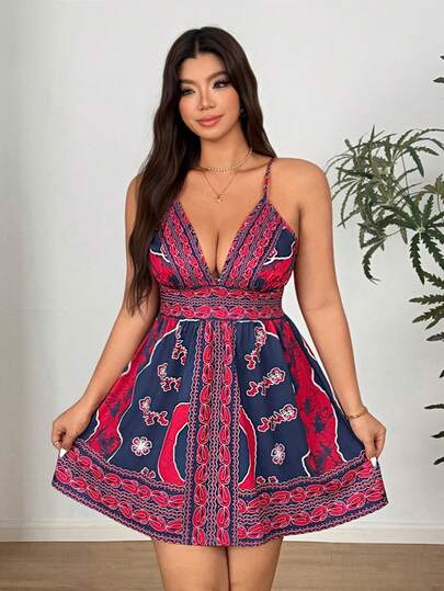 Vionelle Vestido casual de tiras finas con estampado sexy para mujeres de talla grande