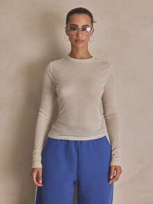 MUSERA Sheer Fitted Long Sleeve Top Layer Summer, Sporty, Casual, Day, Streetstyle, Streetwear - Apricot - View 1