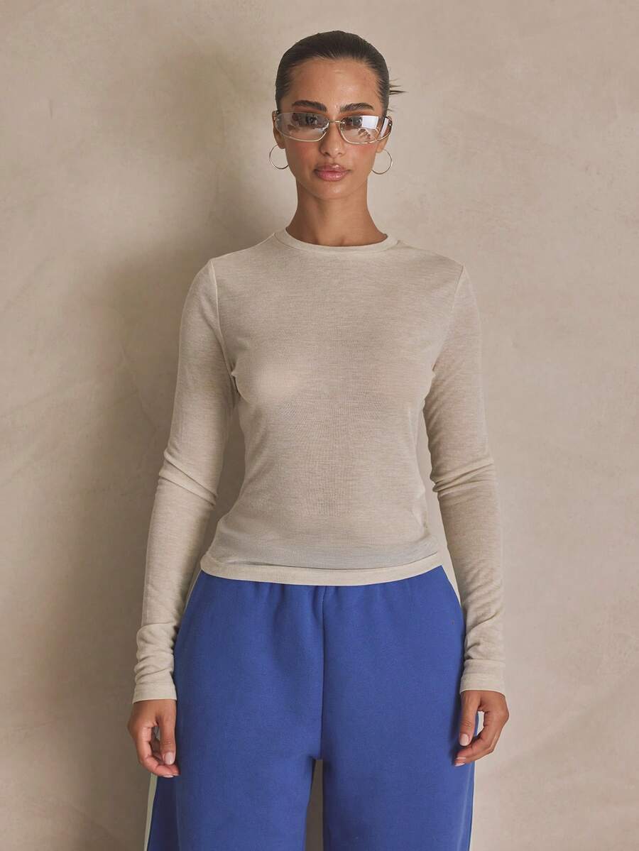 MUSERA Sheer Fitted Long Sleeve Top Layer Summer, Sporty, Casual, Day, Streetstyle, Streetwear - Apricot - View 1