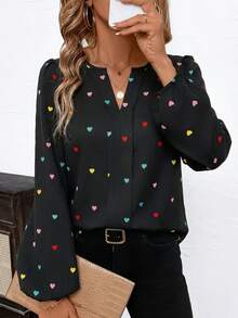 SHEIN Clasi Women's Notched Neck Heart Print Loose Long Sleeve Blouse, Elegant For Daily Wear, Commute, Date, Valentine's Day, Autumn/Winter & Early Spring Summer Tops Valentine's Day Heart-Shaped Print - Multicolor - View 3