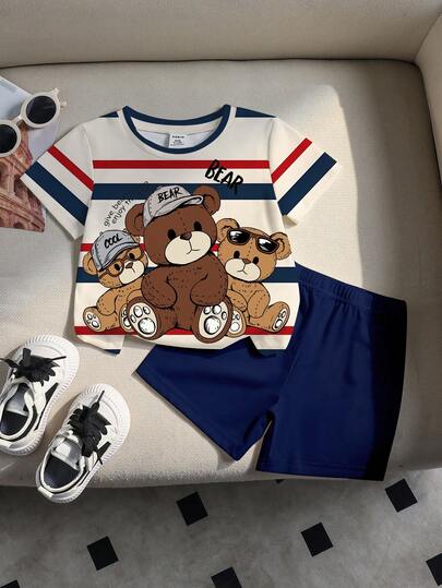 Baby Boy Casual Minimalist Cute Bear Colorblock Striped Print Comfortable Knit Crew Neck Short Sleeve T-Shirt And Solid Knit Shorts Set, Suitable For Spring/Summer, Loungewear, Outdoor, School Wear