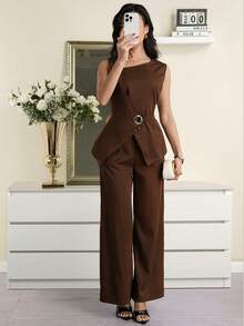 Modelyn Conjunto de traje de oficina elegante con chaleco de cuello asimétrico y pantalones de unicolor para mujer - Café integral - Ver 8