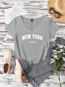 EMERY ROSE Áo thun tay ngắn cổ chữ V họa tiết New York cỡ lớn cho nữ, áo thun chui đầu tối giản giản dị cho mùa hè Áo thun trắng cho nữ - Xám - Xem 4