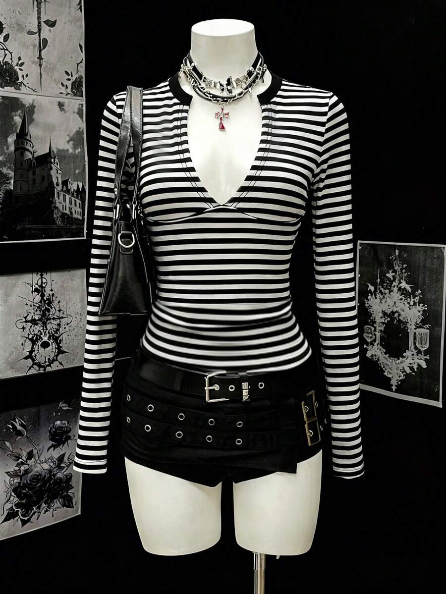 Rina Fox Women's Black And White Striped V-Neck Long Sleeve T-Shirt - Black and White - View 1