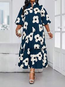 SHEIN Lady 大码缺口领灯笼袖宽松印花荷叶边下摆连衣裙 - 彩色 - 查看 7