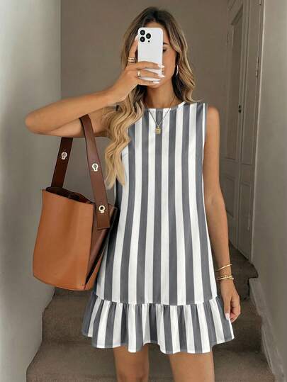 Easowa Vestido mini de mujer con estampado de color contrastante a rayas grises, adecuado para primavera/verano