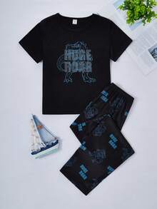 Boys' Casual Cute Dinosaur Print Short Sleeve Top And Pants Pajama Set Summer Sets For Boy Tween Boy Clothes Set - Black - View 3