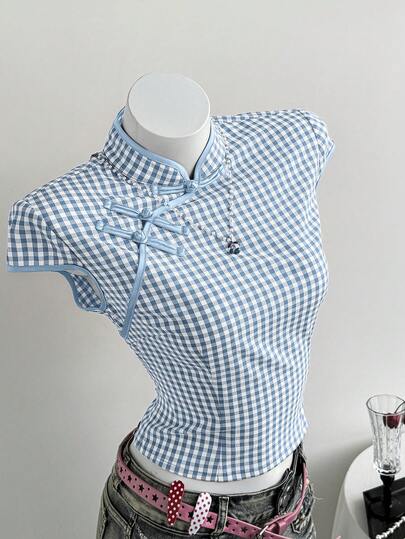Elamini Red & White Plaid Contrast Button Mandarin Collar Side Slit Waist Cinched Short Sleeve Blouse, Women's Autumn/Winter Fashion, Versatile For Commute, Minimalist, Vintage Academic, Teacher, Elegant Daily Wear, Dates