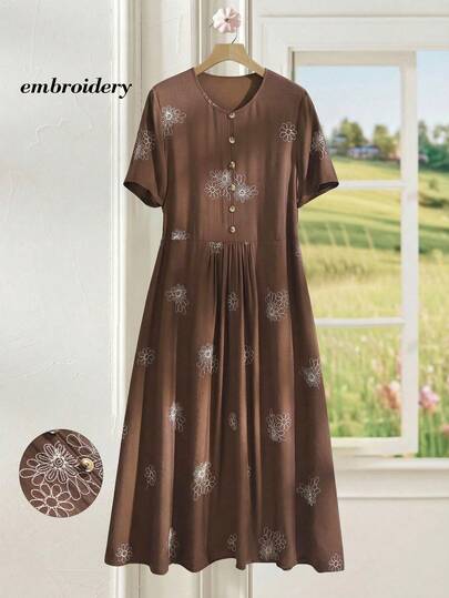 Rusticease Women's Casual Floral Print Waist Cinched Dress, Suitable For Summer Vacation Brown Elegant Dress Women Coffee Brown Dress Cottagecore Dress Plus Size Brown Dress Elderly Women Dresses Summer Dress   Elegant Dresses For Women  Vacation Embroidery Floral Embroidery Dress