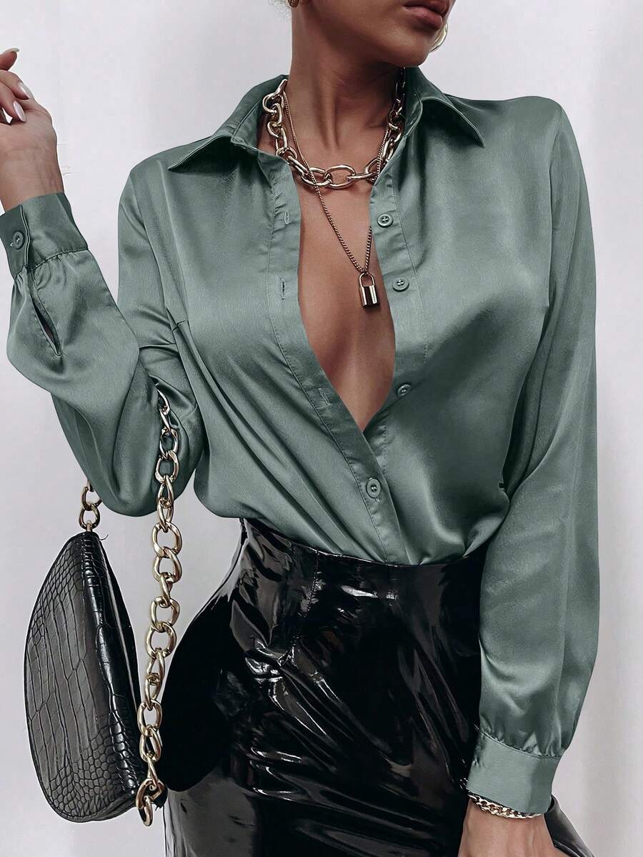 SHEIN Clasi 1 chiếc áo sơ mi nữ dài tay, màu trơn, cài cúc phía trước, kiểu dáng thanh lịch, thích hợp cho công sở. - Màu xanh bụi bặm - Xem 1