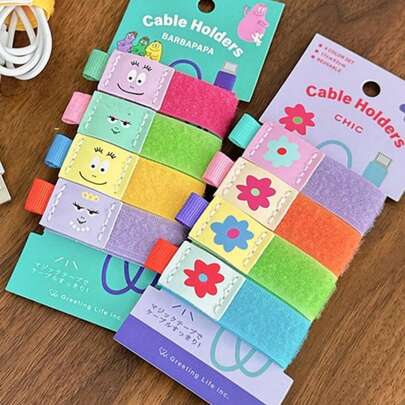 Joivida 4个可爱卡通魔术胶带扎带 – 多用途电脑线和耳机线整理器