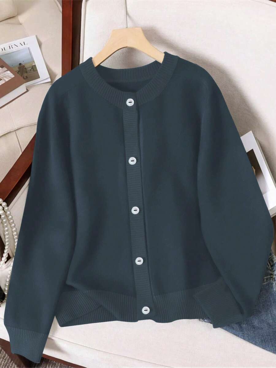 EMERY ROSE Women's Round Neck Long Sleeve Knitted Sweater Regular Cardigan, Autumn/Winter - Dusty Blue - View 1