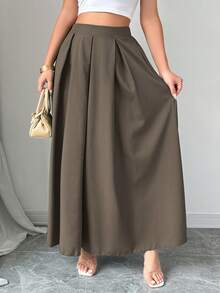 Rafferiza Tall 女士纯色褶裥口袋休闲百搭约会外出A字裙 - 卡其色 - 查看 6