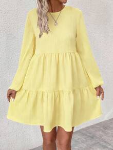 EMERY ROSE Women's Solid Color Minimalist Casual Round Neck Long Sleeve Dress - Light Yellow - View 3