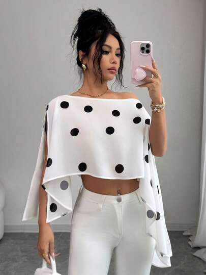 SHEIN Elenzya Damblus med ny elegant och moderiktig prickig tryck, avslappnad och mångsidig asymmetrisk blus med volangkrage, lämplig för vardagsbruk, dejter, fester, vår/sommar