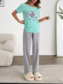 EURMUSE Heart Graphic Pajama Set, Short Sleeve LOVE Print Tee & Allover Heart Pants, Soft Cotton Lounge Co-Ord, Cute Casual Sleepwear, Pastel Y2K Homewear - Trending Picks - White - View 4