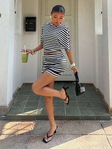 Muchica Holiday Outfits Black & White Striped Knit Women's Casual Outfit - Black and White - View 3