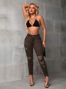 SHEIN ICON 休闲水洗做旧修身牛仔裤 - 棕色 - 查看 5