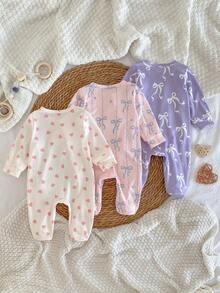 3pcs Newborn Infant Cute Heart & Bow Graphic Long Sleeve Romper Set, Stylish & Sweet Home Outfit - Multicolor - View 2