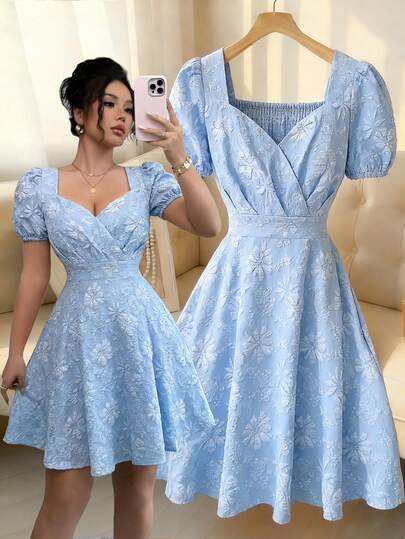 Elenzga New Elegant French Style Sweet Unique Detailed Water Lily Textured Fabric Shirred Pleated Waist Slimming Ruffle Hem Puff Sleeve Mini Dress, Blue, Suitable For Dates And Everyday Wear