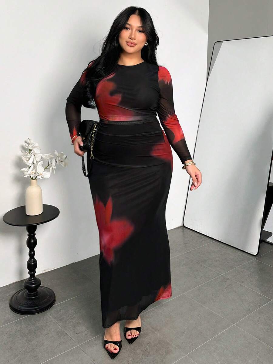 Firerie 大码女式碎花优雅收腰长袖连衣裙，适合约会和派对穿着 - 黑色 - 查看 1