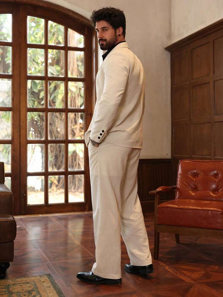 Beige Solid Color Casual Suit Set For Men, Spring/Autumn