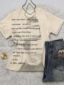 SHEIN Y2K 女式复古美式字母印花短袖T恤，圆领休闲街头风T恤，适合所有季节 - 彩色 - 查看 4