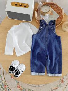 SHEIN Vintaside Kids 2pcs/Set Baby Boys' Casual Solid Color T-Shirt And Denim Bib Pants - Blue - View 2