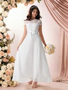 Pitira Vestido maxi elegante y lujoso de línea A con parches de bordado soluble en agua de color blido liso, adecuado para niñas adolescentes, niña de las flores, baile de graduación, fiesta y otras ocasiones, apropiado para primavera y verano, vestido de fiesta, vestido de noche - Blanco - Ver 6