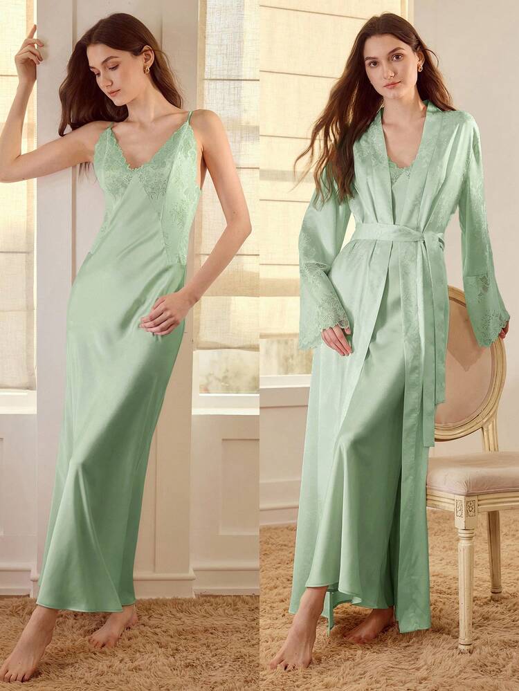 JACQUARD SATIN PATCHWORK LACE ELEGANT PAJAMA SET