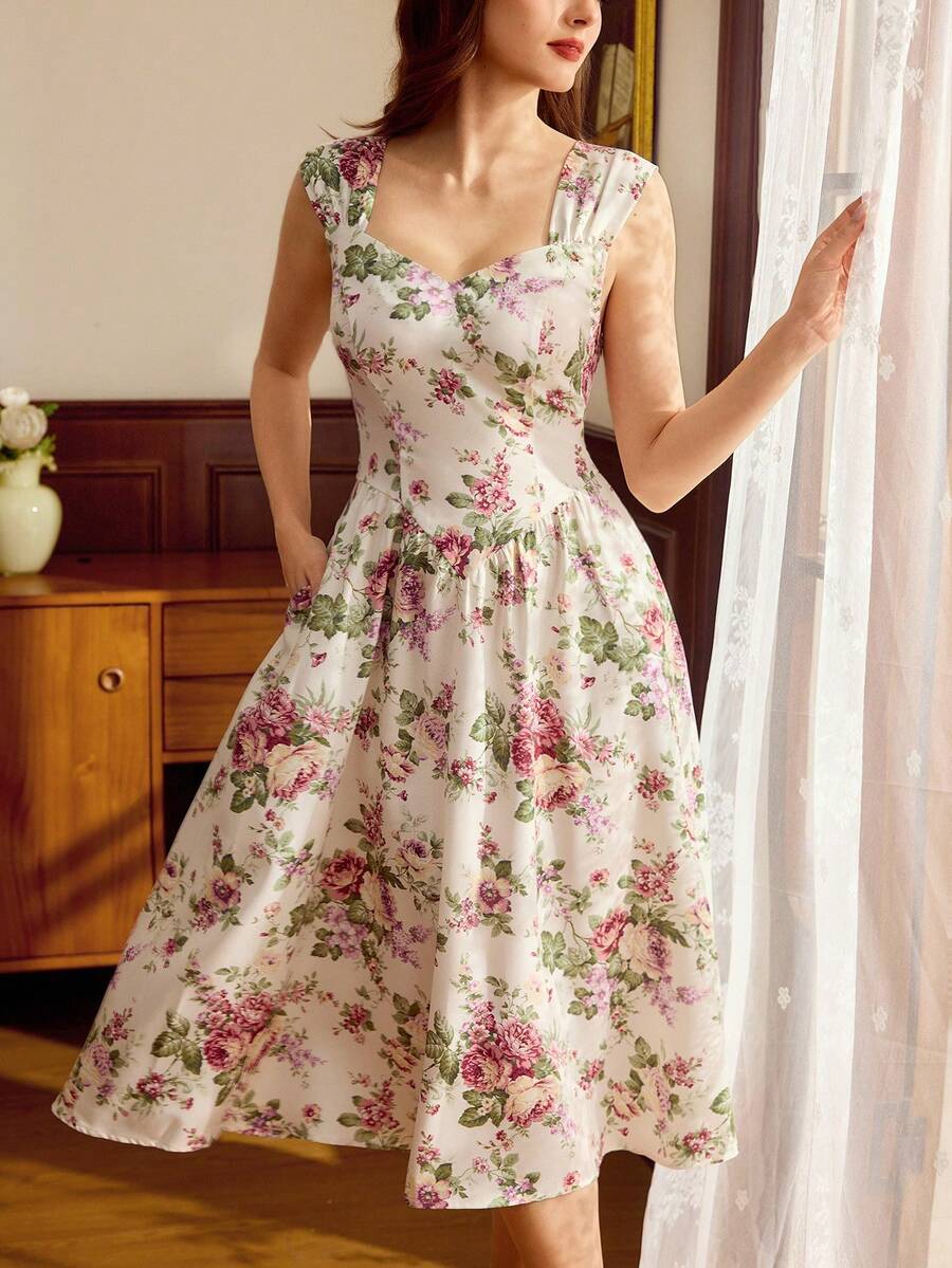 Vintamour Đầm ôm sát in hoa cổ điển thanh lịch dành cho nữ, thích hợp cho mùa xuân/hè. - Hồng - Xem 1