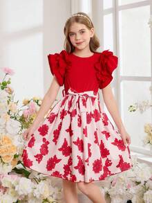 女童荷叶边短袖罗纹网纱圆领夏季公主风休闲连衣裙，配腰带 - 紅色 - 查看 5