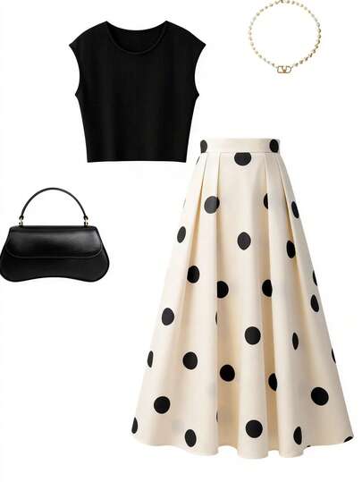 GlowEve CURVE 大码时尚通勤修身无袖上衣 + 时尚通勤A字波点半裙