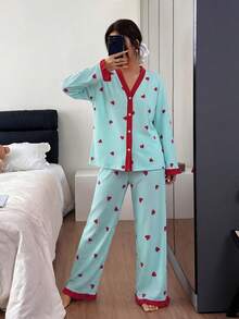 Dream Adore Women's Pink Striped Heart Patchwork Cardigan Pajama Set - Multicolor - View 6