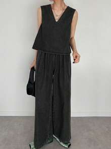 FRIFUL Women's Casual Washed Denim Vest And Jeans Set - Grey - View 1