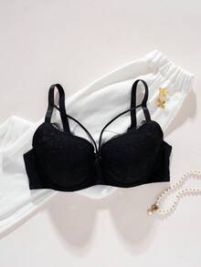 1件装加大码女士蕾丝拼接舒适支撑塑形钢圈文胸 - 黑色 - 查看 7