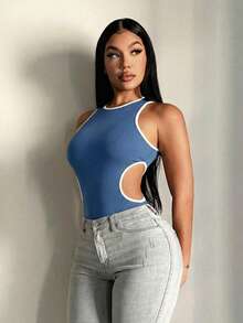 SHEIN SXY Áo liền thân nữ kiểu dáng thể thao, gợi cảm, phối màu xanh dương và trắng. - Màu xanh lam - Xem 4