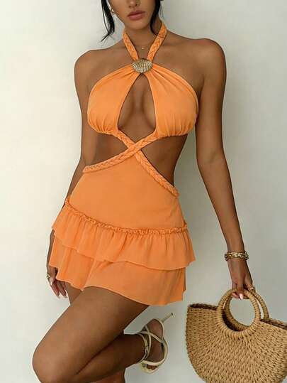 INAWLY Casual Fashionable Summer Vacation Hollow Ruffled Hem Halter Backless Dress