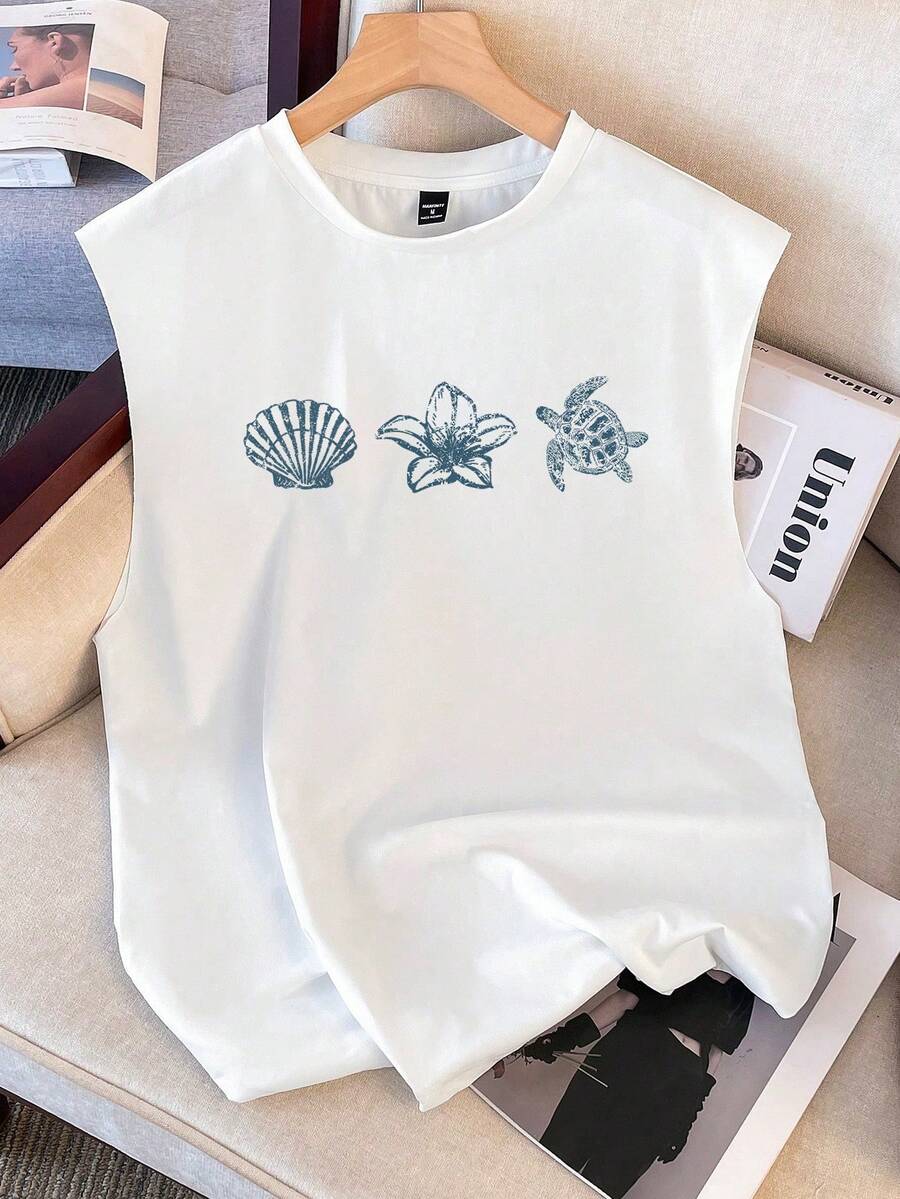 Manfinity Joysei Áo tank top nam màu trắng, kiểu dáng thường ngày, họa tiết mai rùa, hoa dâm bụt, kích thước tiêu chuẩn, thích hợp cho các hoạt động mùa hè. - trắng - Xem 1