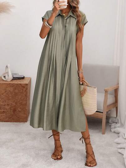 Florisole Women's Solid Color Shirt Collar Button Down Loose Raglan Sleeve Midi Dress, Olive Green, Elegant French Retro Formal Office Commute Casual Holiday Afternoon Tea Street Minimalist Versatile Aussie Leisure Party Date Valentine's Day Boho Spring/Summer New
