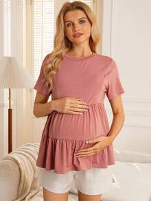 GentleRue Maternity Top casual de cuello redondo con volantes en el bajo, unicolor, para maternidad y lactancia, verano - Rosa vieja - Ver 6