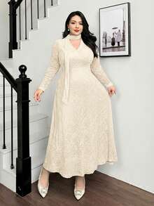 Feyla Plus Size Elegant Contrast Lace V-Neck Waist Cinched Dress, Autumn - Apricot - View 6