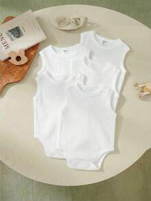 Cozy Pixies 5pcs/Set Newborn Baby Boy/Girl Solid Color Soft Knit Sleeveless Bodysuit - White - View 3