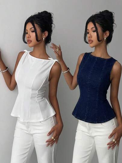 Aloruh Solid Color Crew Neck Sleeveless Fitted Denim Top, Summer