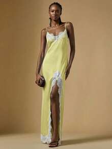 Briarwyn Women's Spaghetti Strap Black Lace Patchwork High Slit Hem Dress - Yellow - View 7