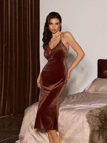 SHEIN Women's Mature & Sexy Lace Patchwork Deep V-Neck Backless Velvet Camisole Nightgown - Brown - View 3