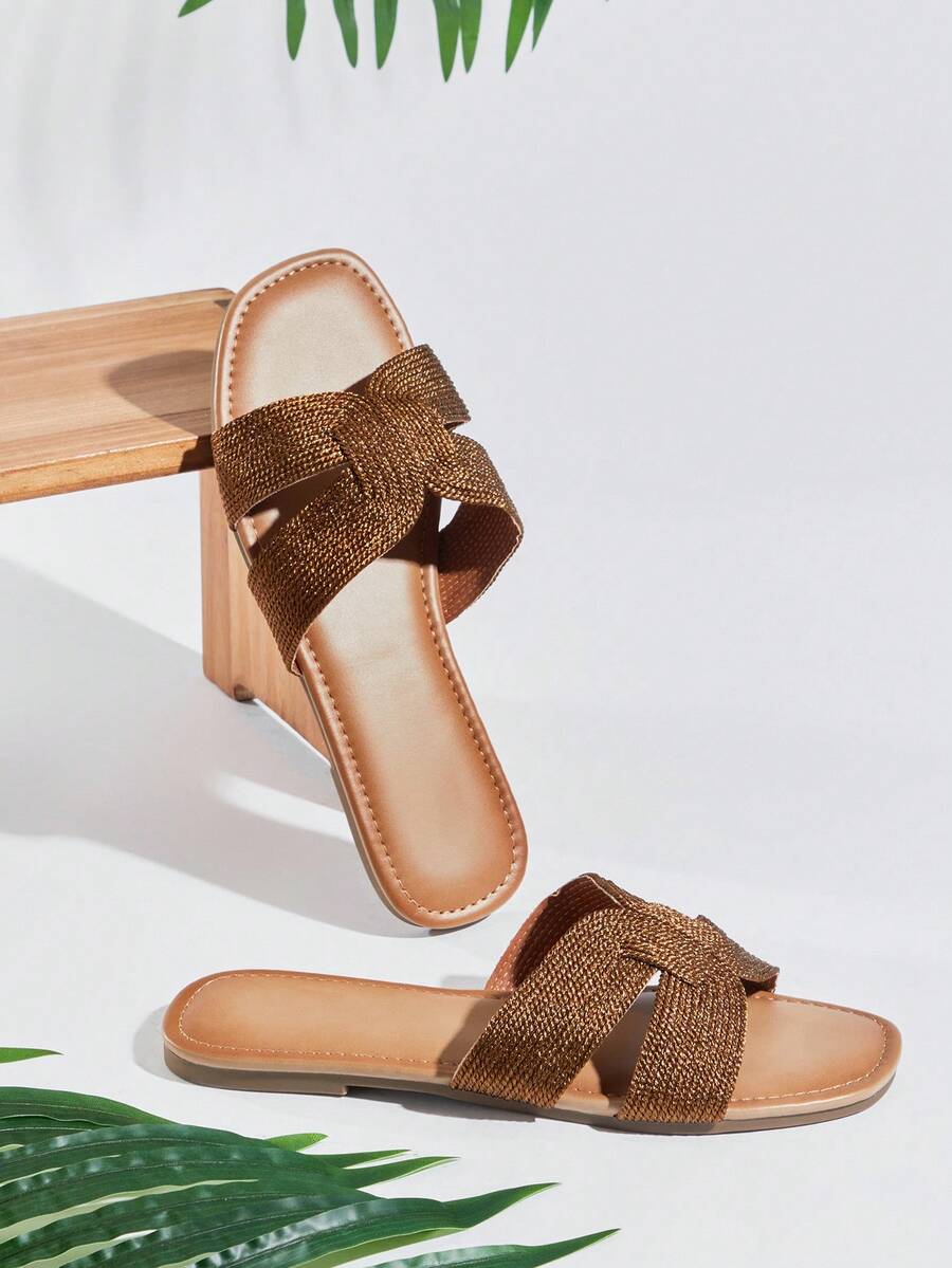 SHUZIA Women Minimalist Comfortable Woven PU Flat Sandals - Maroon - View 1